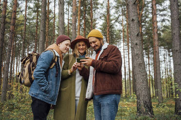 Familie teilt sich ein Smartphone, während sie im Wald steht - VPIF05134