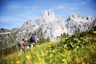 Familie wandert im Urlaub in Richtung Berg - HHF05816