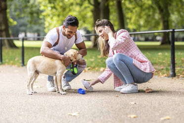 Lächelnde Frau gibt dem Hund ihres Freundes im Park Wasser - WPEF05343