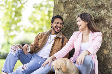 Glückliches junges Paar mit Hund vor einem Baumstamm im Park sitzend - WPEF05357