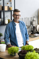 Smiling man with plants at kitchen counter - GIOF13876