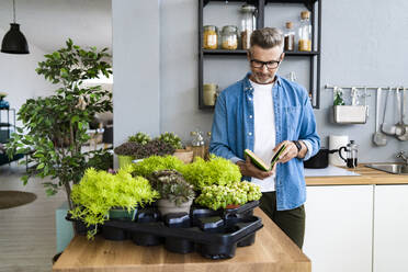 Man reading book while standing by potted plant at kitchen counter - GIOF13887