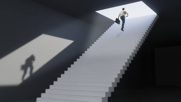 Businessman with briefcase moving up on steps - VTF00653