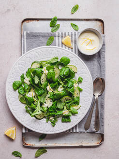 Draufsicht auf einen köstlichen grünen Salat mit frischen Gurkenstücken und Blattspinat mit schwarzem Sesam und Zitronensauce - ADSF31206