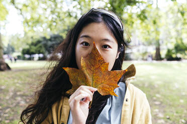 Woman covering mouth with maple leaf in park - ASGF01644