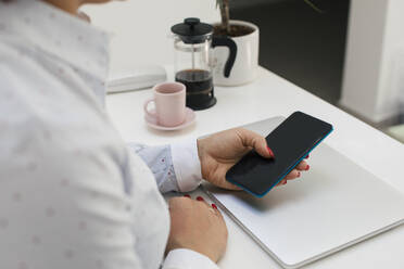 Freiberufler, der sein Smartphone bei der Arbeit im Heimbüro benutzt - MOMF00940