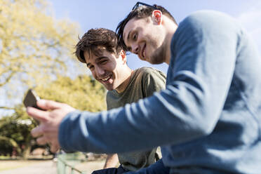 Smiling men sharing smart phone at park - WPEF05477