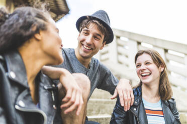 Glückliche Freunde, die im Park miteinander reden - WPEF05496