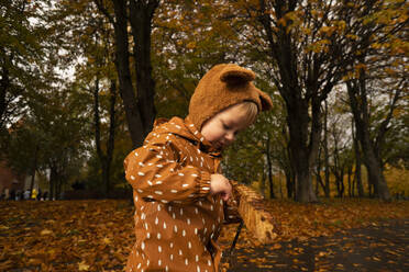 Niedlicher Junge spielt mit trockenem Blatt im Herbst Park - SSGF00140