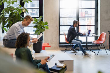 Businessman using laptop at desk with coworkers in office - DIGF16590