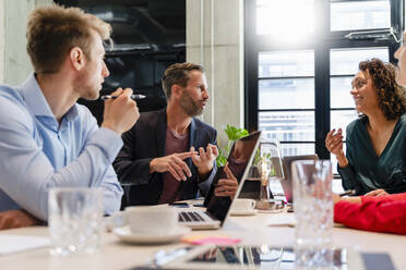 Employees having discussion at desk in meeting - DIGF16650