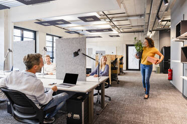 Geschäftsfrau mit Kiste und Pflanze beim Umzug im Büro - DIGF16707