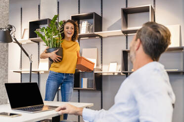 Businessman looking at coworker holding box and plant in office - DIGF16709