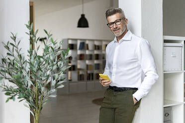 Lächelnder Geschäftsmann mit Mobiltelefon, der sich im Büro an eine Säule lehnt - GIOF13935