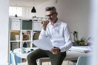 Smiling businessman with documents talking on mobile phone in office - GIOF13943