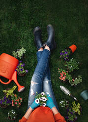 Overhead einer Frau im Gras, umgeben von Pflanzen und Gartengeräten. - CAVF94944