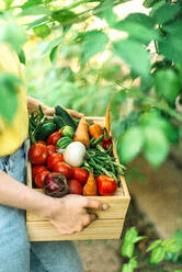 Frau hält frisch geerntetes Gemüse in einer Kiste im Bioladen - CAVF95032