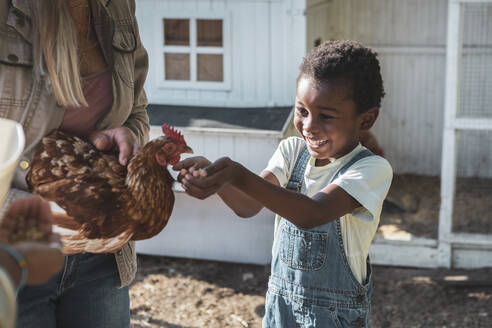 Happy boy feeding hen in farm - MASF26435