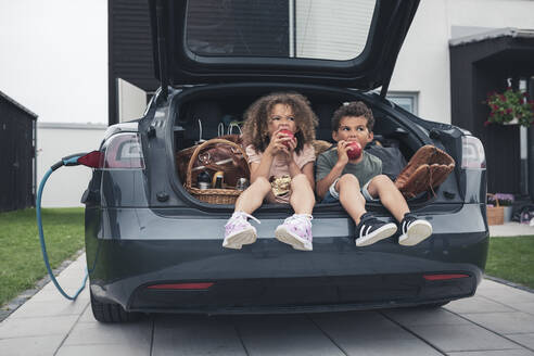 Bruder und Schwester essen Äpfel, während sie im Kofferraum eines Autos sitzen - MASF26549