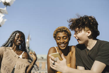 Teenager teilt sein Smartphone mit seinen Freunden an einem sonnigen Tag - MASF26719