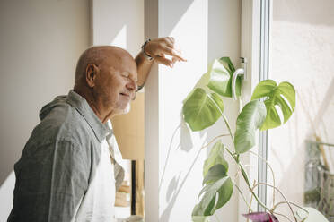 Lächelnder älterer Mann steht mit geschlossenen Augen im Sonnenlicht am Fenster zu Hause - MASF27019