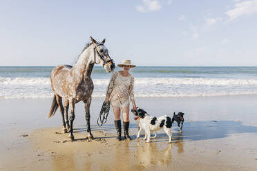 Schwangere Frau mit Pferd und Hunden am Strand - JRVF02000