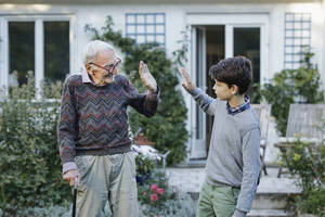 Grandfather giving high-five to grandson in backyard - AANF00165