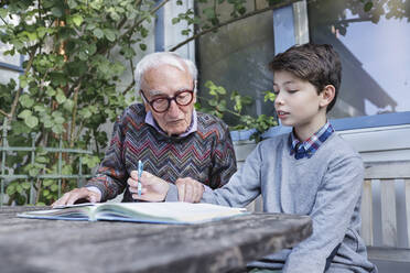 Grandfather assisting boy studying in backyard - AANF00174