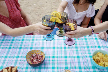 Freunde stoßen am Tisch mit Weingläsern an - RFTF00140