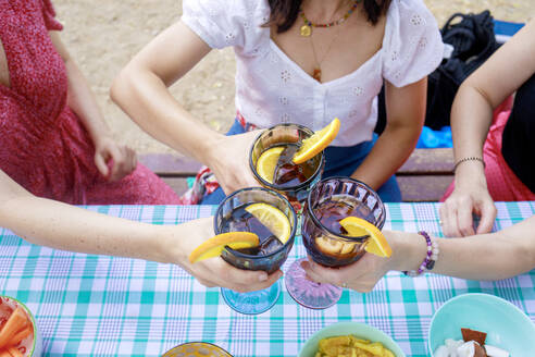 Frauen stoßen mit Weingläsern am Tisch im Park an - RFTF00141