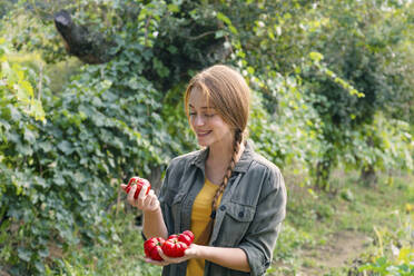 Lächelnde Bäuerin begutachtet Tomate im Garten - EIF02308