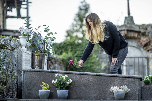 Blonde Frau legt Blume auf Grab auf Friedhof - OCMF02295