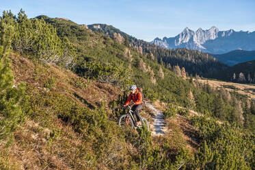 Mountain biker cycling on sunny day - HHF05827