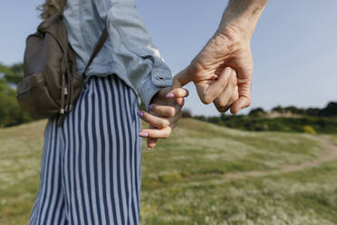 Frau mit kleinem Finger und Freund beim Spaziergang auf einer Wiese - TYF00010