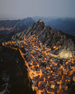 Aerial view of Pietrapertosa at night, Basilicata, Italy. - AAEF13187