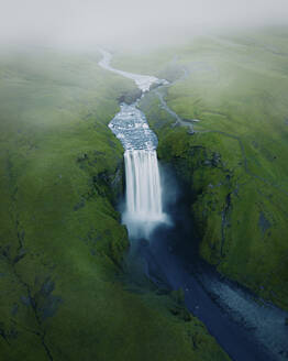 Aerial view of long exposed Skogafoss waterfall, Iceland. - AAEF13188