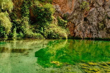 See mit kristallklarem Wasser, umgeben von Grün an einem sonnigen Tag - ADSF31478