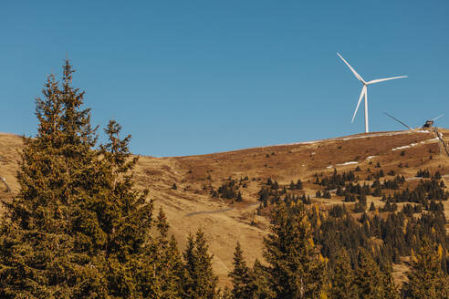 Braune Herbstlandschaft im Lachtal mit Windrad vor blauem Himmel im Hintergrund - DAWF02122