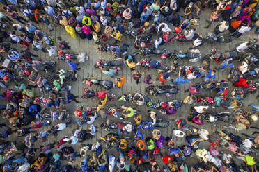 Dhaka, Bangladesh - 18 May 2021: Aerial view of people waiting for the ferry at Mawa Ferry during Covid Pandemic restrictions, Munshiganj, Bangladesh. - AAEF13275