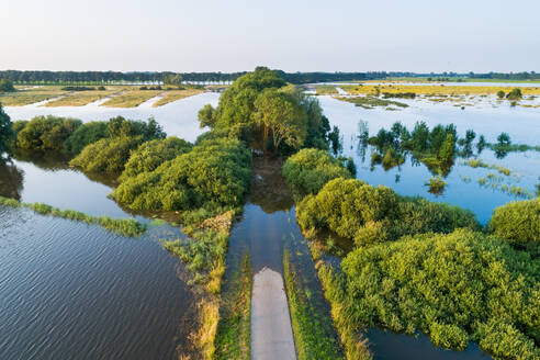 Aerial view of flooded floodplains of river Maas with submerged road during a period of high water in summer, Megen, Noord-Brabant, The Netherlands. - AAEF13320