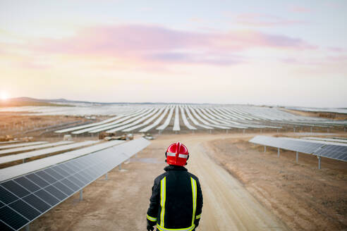 Rückenansicht einer anonymen Person mit rotem Helm und Schutzkleidung, die an einem sonnigen Tag auf einem Feld mit Solarzellen steht - ADSF31574