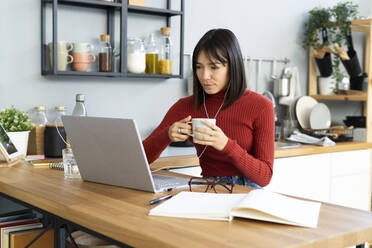 Geschäftsfrau mit Kaffeebecher, die zu Hause am Laptop arbeitet - GIOF14071