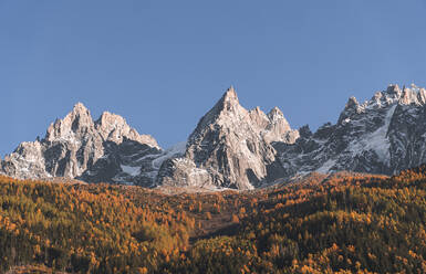 Idyllischer Blick auf die französischen Alpen durch den Herbstwald unter blauem Himmel, Chamonix, Frankreich - JAQF00879