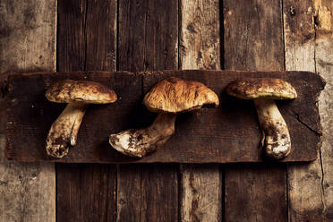 Draufsicht auf roh geschnittene Steinpilze (Boletus edulis) auf einem rustikalen Holzschneidebrett während des Kochvorgangs - ADSF31651