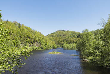 Fluss Roer inmitten von grünen Bäumen an einem sonnigen Tag, Simmerath, Eifel, Nordrhein-Westfalen, Deutschland - GWF07266