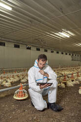 Man using tablet pc in illuminated chicken's farm - VEGF05217