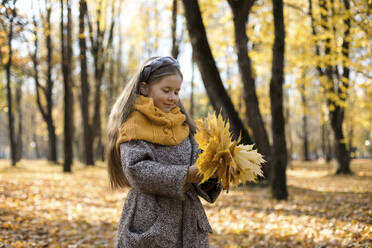 Smiling girl wearing woolen scarf holding bunch of autumn leaves in park - LLUF00331