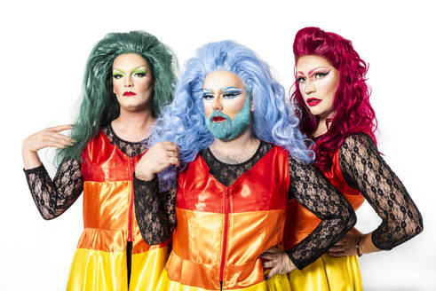 Drag queens with hand on hips against white background - GPF00182
