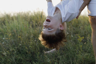 Father holding son upside down at meadow - TYF00029