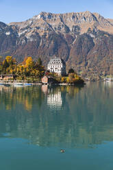 Spiegelung von Berg und Dorf im Wasser bei Iseltwald, Interlaken, Schweiz - JAQF00916